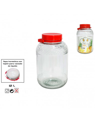 Tarro de cristal cilíndrico con tapa roja y asa muy resistente, Garrafa de vidrio, botella de cristal multiusos 12 litros, 39 x
