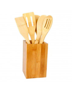 Set de 5 utensilios de cocina, madera de bambú, 30 cm, con soporte de 16 x 10 x 10 cm, cucharas y espátulas ranuradas y lisas co