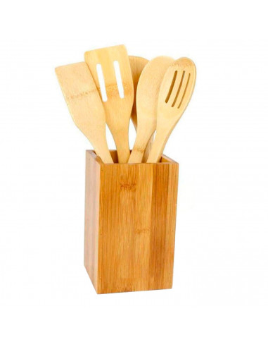 Set de 5 utensilios de cocina, madera de bambú, 30 cm, con soporte de 16 x 10 x 10 cm, cucharas y espátulas ranuradas y lisas co