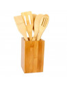 Set de 5 utensilios de cocina, madera de bambú, 30 cm, con soporte de 16 x 10 x 10 cm, cucharas y espátulas ranuradas y lisas co