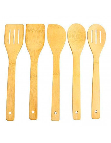 Set de 5 utensilios de cocina, madera de bambú, 30 cm, con soporte de 16 x 10 x 10 cm, cucharas y espátulas ranuradas y lisas co