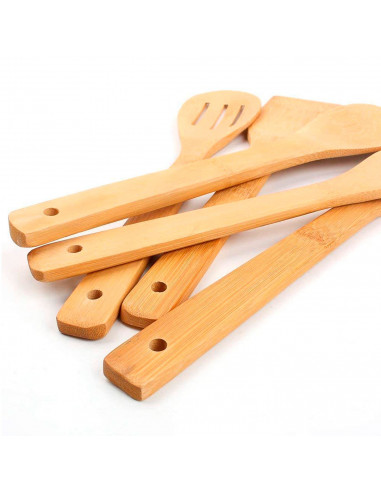 Set de 5 utensilios de cocina, madera de bambú, 30 cm, con soporte de 16 x 10 x 10 cm, cucharas y espátulas ranuradas y lisas co