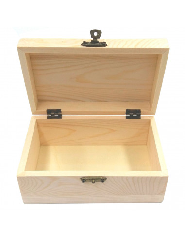 Caja de madera rectangular, tapa con esquinas redondeadas, cierre metálico, cajita, cofre decorativo, almacenaje objetos, joyas,