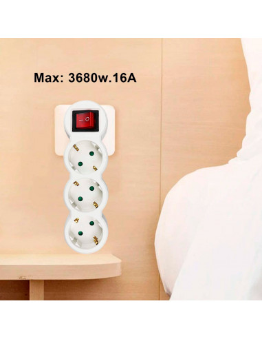 Ladrón, 3 tomas schuko e interruptor de encendido, adaptador, enchufe múltiple de pared para oficina, hogar, 16A 250V, máx. 3680