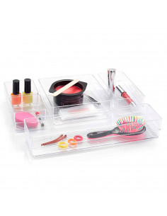 Tradineur - Set de 5 bandejas organizadoras de plástico para maquillaje, cosméticos y joyas. Organizadores de cajones de escrito