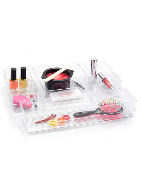 Tradineur - Set de 5 bandejas organizadoras de plástico para maquillaje, cosméticos y joyas. Organizadores de cajones de escrito