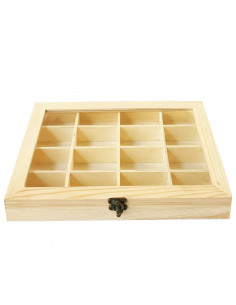 Tradineur - Caja de madera con 16 compartimentos y tapa con cristal, expositor de joyas, organizador, joyero, collares, pendient