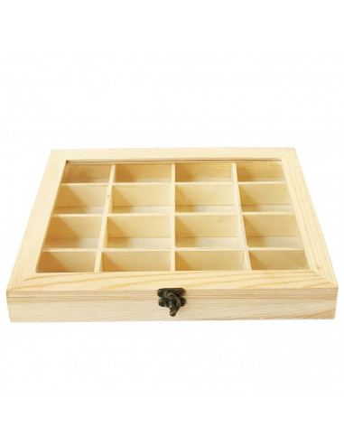 Tradineur - Caja de madera con 16 compartimentos y tapa con cristal, expositor de joyas, organizador, joyero, collares, pendient