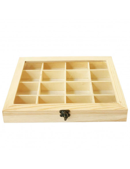 Tradineur - Caja de madera con 16 compartimentos y tapa con cristal, expositor de joyas, organizador, joyero, collares, pendient Tradineur - Caja de madera con 16 compartimentos y tapa con cristal, expositor de joyas, organizador, joyero, collares, pendient