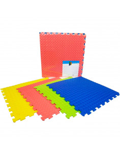 Tradineur - Pack 4 baldosas de goma eva de colores, 60 x 60 x 1 cm, 8 enganches, superficie rugosa, esterilla puzzle para suelo