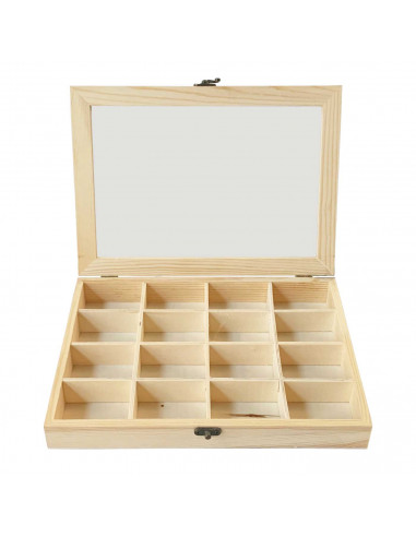 Tradineur - Caja de madera con 16 compartimentos y tapa con cristal, expositor de joyas, organizador, joyero, collares, pendient