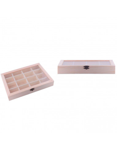 Tradineur - Caja de madera con 16 compartimentos y tapa con cristal, expositor de joyas, organizador, joyero, collares, pendient