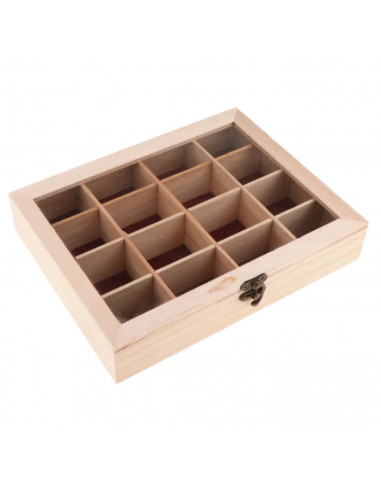 Tradineur - Caja de madera con 16 compartimentos y tapa con cristal, expositor de joyas, organizador, joyero, collares, pendient