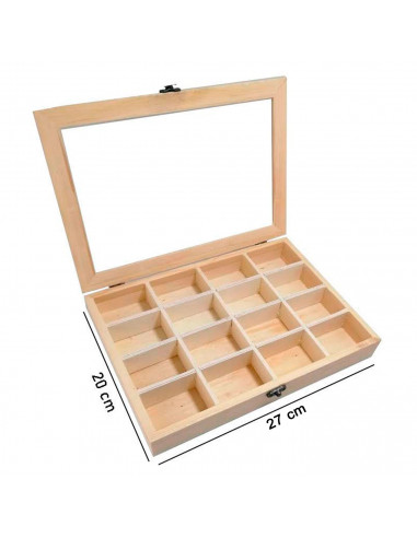 Tradineur - Caja de madera con 16 compartimentos y tapa con cristal, expositor de joyas, organizador, joyero, collares, pendient
