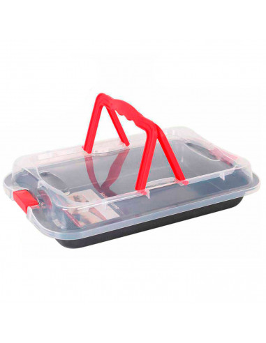 Molde de horno rectangular antiadherente con cierre y tapa 36 x 23 x 4,5 cm para transportar y almacenar bizcochos y tartas