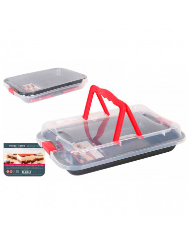 Molde de horno rectangular antiadherente con cierre y tapa 36 x 23 x 4,5 cm para transportar y almacenar bizcochos y tartas