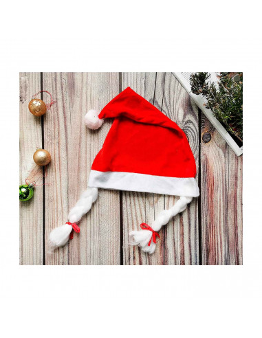 Tradineur - Gorro de mamá noel con trenzas, sombrero santa claus tradicional, accesorio navideño, fiesta, celebración, navidad,