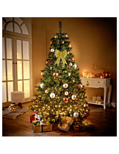 Tradineur - Lazo dorado de Navidad, cinta, adorno colgante con purpurina para árbol de navidad, decoración navideña, regalos, co