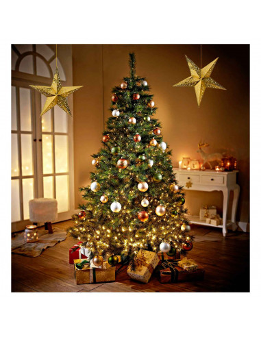 Tradineur - Estrella de navidad dorada plegable, cartón, techo, pantalla colgante, adorno navideño, año nuevo, fiesta, celebraci