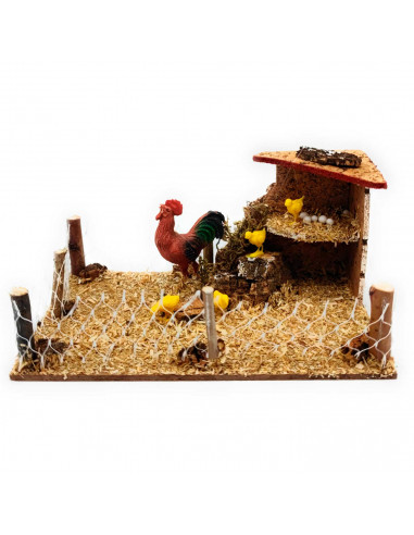 Tradineur - Gallinero para portal de belén, corcho y resina, corral, gallo y pollitos, nacimiento, pesebre, decoración navidad,