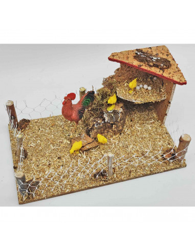 Tradineur - Gallinero para portal de belén, corcho y resina, corral, gallo y pollitos, nacimiento, pesebre, decoración navidad,