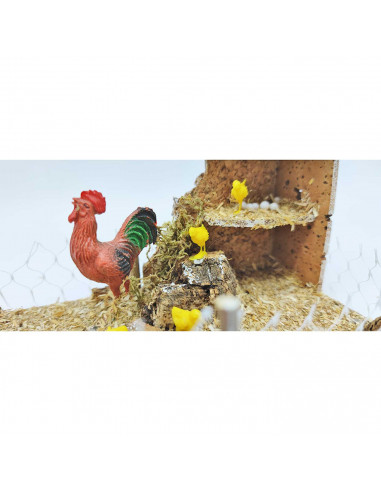 Tradineur - Gallinero para portal de belén, corcho y resina, corral, gallo y pollitos, nacimiento, pesebre, decoración navidad,