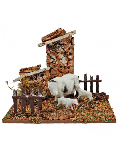 Tradineur - Corral de animales para belén navideño, resina y corcho, granja para nacimiento, figura decorativa pesebre, navidad,