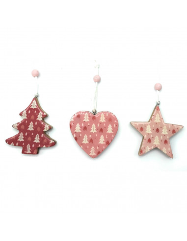 Tradineur - Set de estrella, abeto y corazón colgantes de madera, figuras decorativas navideñas, decoración del árbol de navidad