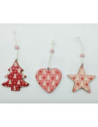 Tradineur - Set de estrella, abeto y corazón colgantes de madera, figuras decorativas navideñas, decoración del árbol de navidad