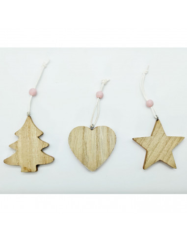 Tradineur - Set de estrella, abeto y corazón colgantes de madera, figuras decorativas navideñas, decoración del árbol de navidad