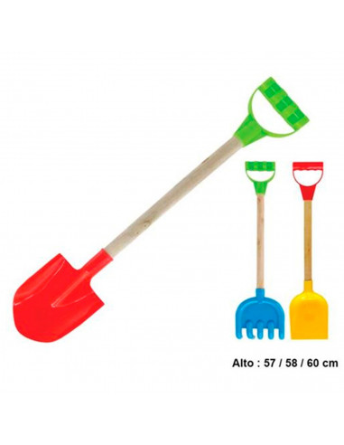 Tradineur - Pala/rastrillo de playa con mango de madera, juguete infantil plástico, niños, jugar en la arena, 56/59 cm, 1 ud, mo