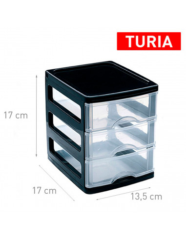 Plastic Forte - Cajonera de plástico Turia, 3 cajones transparentes, torre almacenaje, sobremesa, escritorio, baño, oficina (Neg