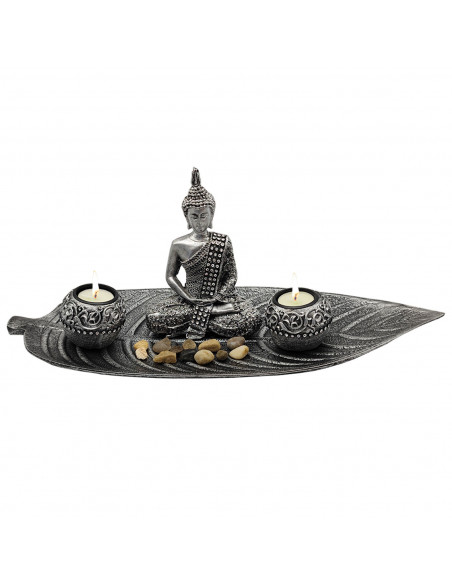 Figura de buda meditando con base de hoja y velas, resina, estatua de buda decorativa, meditación, decoración zen del hogar, 18