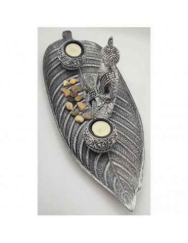Figura de buda meditando con base de hoja y velas, resina, estatua de buda decorativa, meditación, decoración zen del hogar, 18