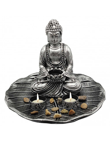 Figura de buda sentado meditando con base de hoja y velas, resina, estatua de buda decorativa, meditación, decoración zen del ho