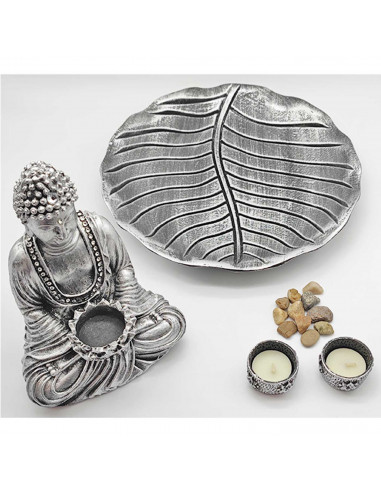 Figura de buda sentado meditando con base de hoja y velas, resina, estatua de buda decorativa, meditación, decoración zen del ho