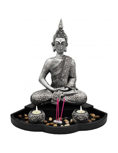 Figura de buda Dhyana meditando con altar y velas, resina, estatua de buda decorativa, meditación, decoración zen del hogar, 40