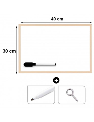 Tradineur - Pizarra blanca con marco de madera, incluye rotulador y gancho para colgar, fácil de borrar, ideal para colegios, ti