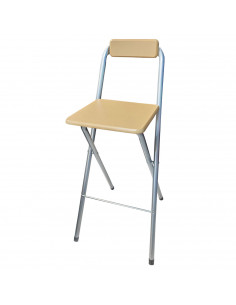 Tradineur - Taburete de bar metálico plegable con asiento y respaldo de madera, reposapiés, banqueta, silla, interior, cocina, h