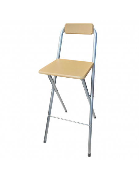 Tradineur - Taburete de bar metálico plegable con asiento y respaldo de madera, reposapiés, banqueta, silla, interior, cocina, h