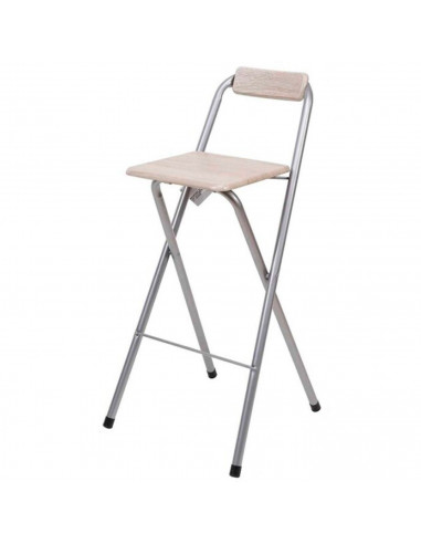 Tradineur - Taburete de bar metálico plegable con asiento y respaldo de madera, reposapiés, banqueta, silla, interior, cocina, h