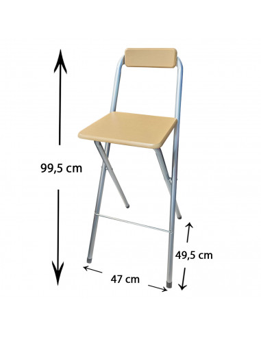 Tradineur - Taburete de bar metálico plegable con asiento y respaldo de madera, reposapiés, banqueta, silla, interior, cocina, h