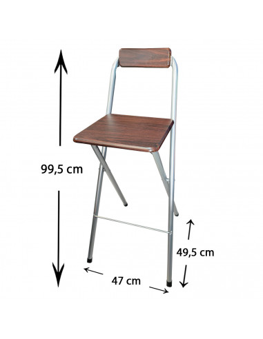 Taburete bar metálico plegable con asiento y respaldo de madera, reposapiés, banqueta, silla, interior, cocina, hogar, color nog