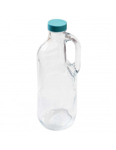 Tradineur - Botella de cristal con asa y tapa de plástico 1,4 L. Jarra vidrio 30 x 9 cm para agua caliente/fría, té helado, bebi