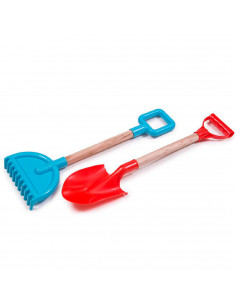 Tradineur - Set de pala y rastrillo de juguete con mango de madera 41 y 34 cm. Juguetes para arena de playa (Color surtido)