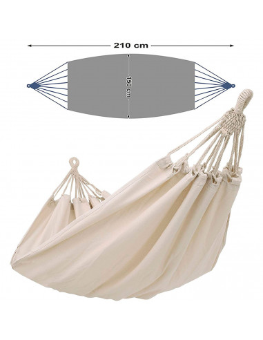 Tradineur - Hamaca colgante de algodón 210 x 150 cm. Hamaca de lona natural, ligera con cuerdas para exterior, camping, terraza