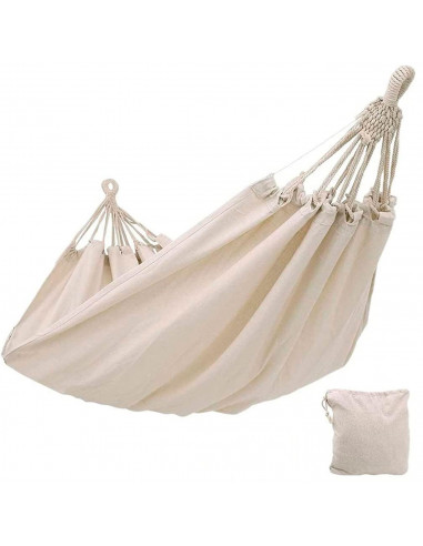 Tradineur - Hamaca colgante de algodón 210 x 150 cm. Hamaca de lona natural, ligera con cuerdas para exterior, camping, terraza