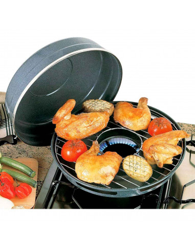 Churrasquera grill con tapa para cocinas de gas u hornillos, parrilla, barbacoa, cocinar a la brasa, exterior o interior (Negro,