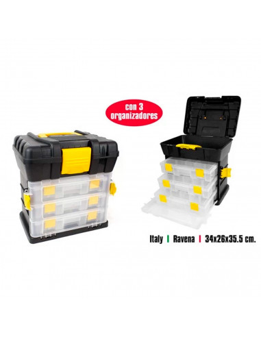 Caja de herramientas con 3 organizadores extraíbles, compartimento superior y asa, modelo Ravena, plástico resistente, 35 x 34 x