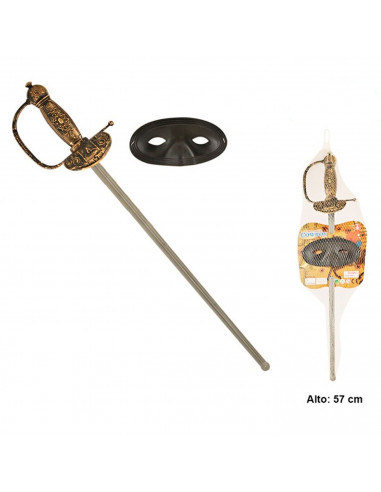 Set de florete y máscara de juguete, accesorio de disfraz de Zorro, pirata, cowboy del oeste, espada de 57 cm, complemento infan
